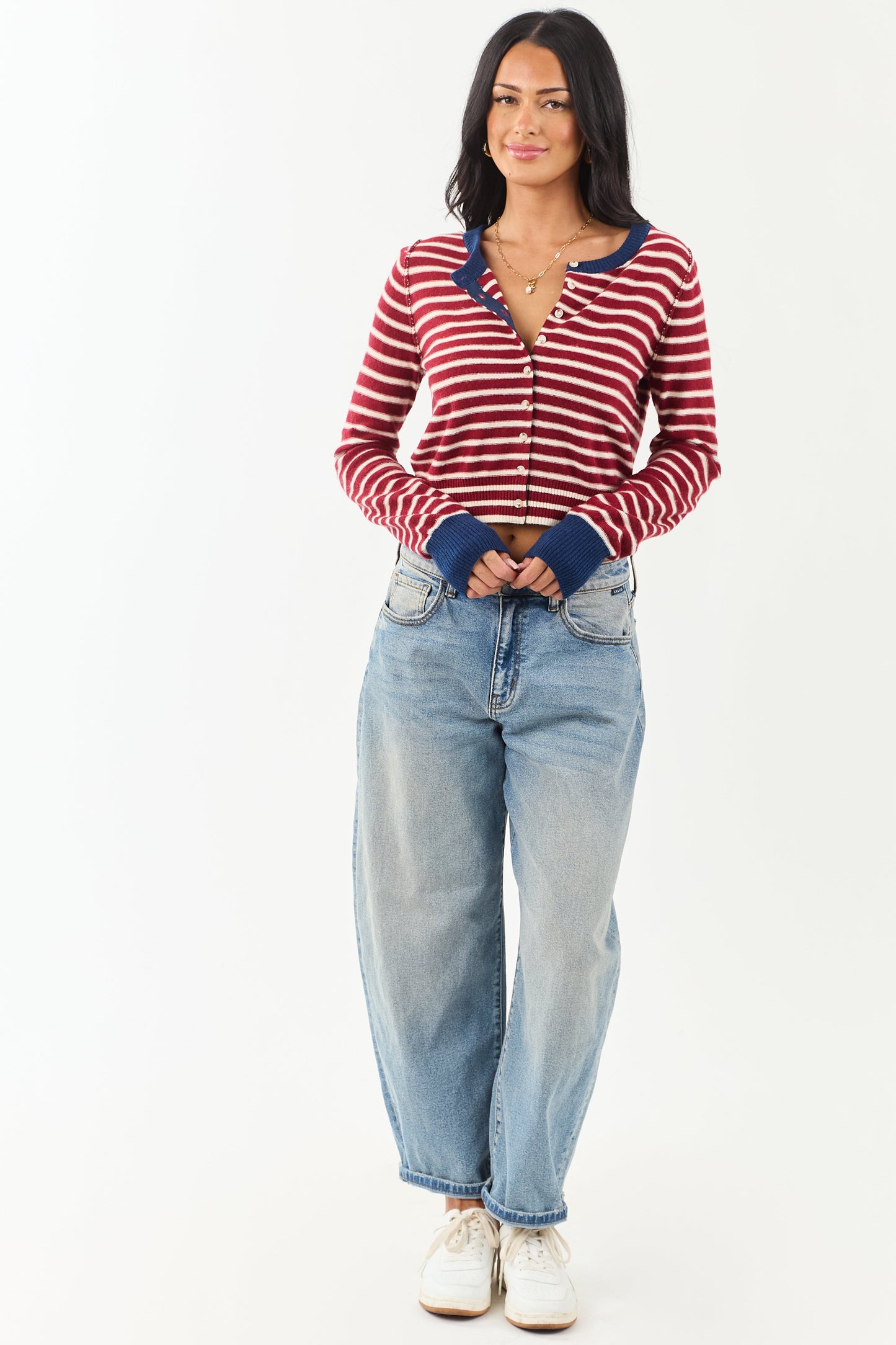 Women's Striped Cardigan Maroon Cream Button Down Knit