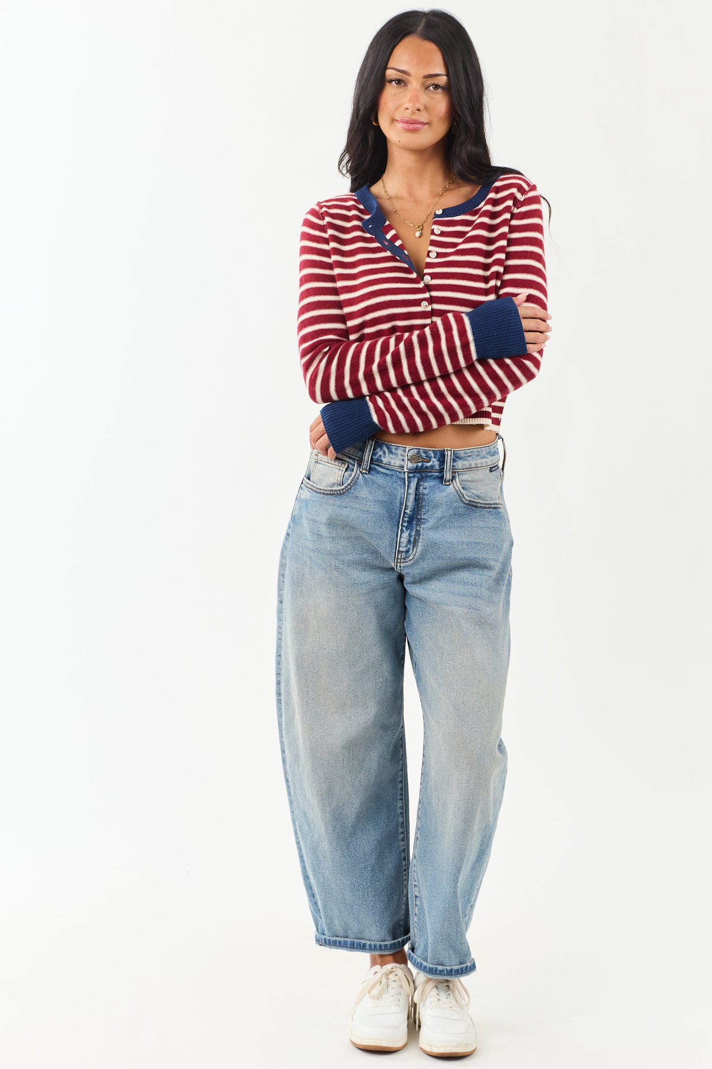 Women's Striped Cardigan Maroon Cream Button Down Knit