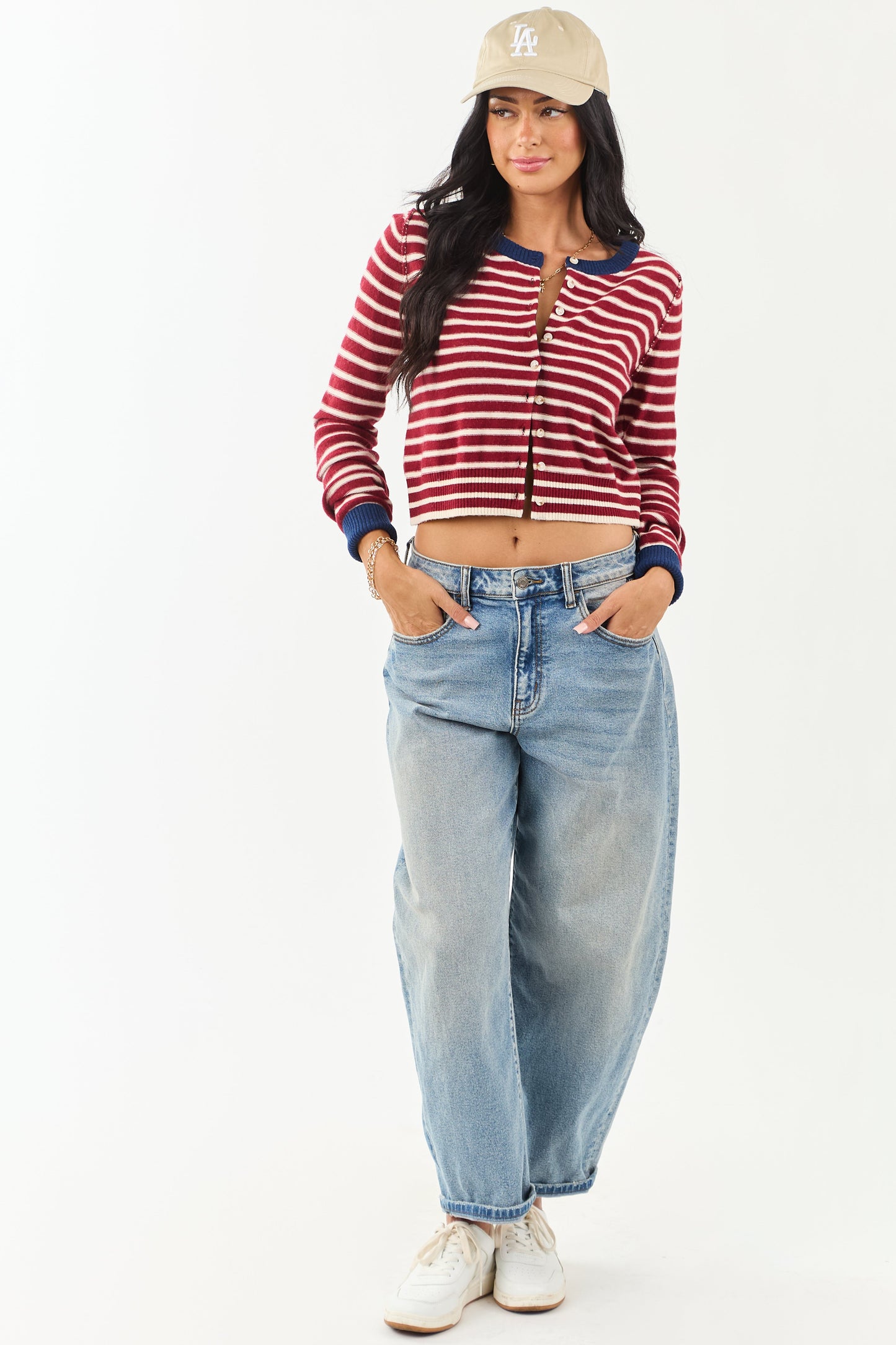 Women's Striped Cardigan Maroon Cream Button Down Knit