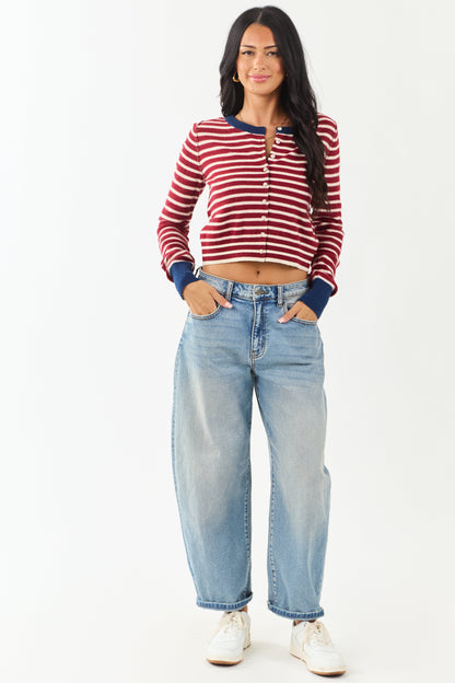 Women's Striped Cardigan Maroon Cream Button Down Knit