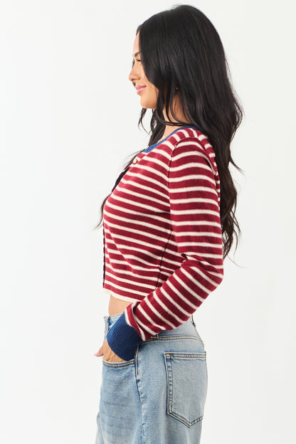 Women's Striped Cardigan Maroon Cream Button Down Knit