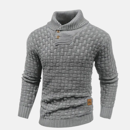 Men's Textured Knit Sweater Shawl Collar Button Detail Beige