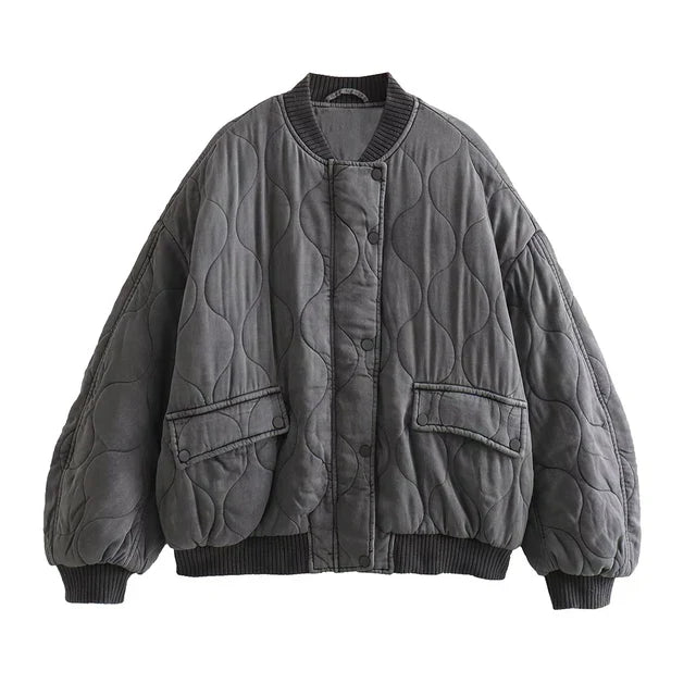 Women's Quilted Bomber Jacket Oversized Snap Button Black - Vonnera