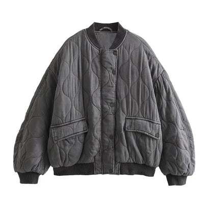Women's Quilted Bomber Jacket Oversized Snap Button Black - Vonnera