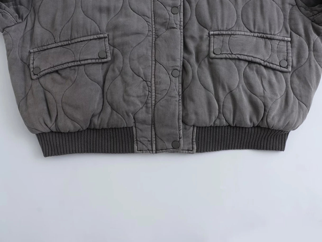 Women's Quilted Bomber Jacket Oversized Snap Button Black