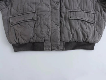 Women's Quilted Bomber Jacket Oversized Snap Button Black