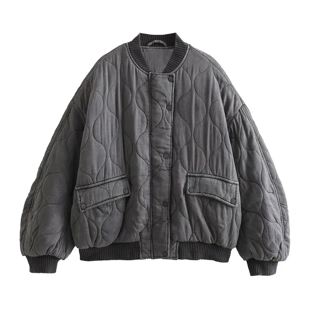 Women's Quilted Bomber Jacket Oversized Snap Button Black