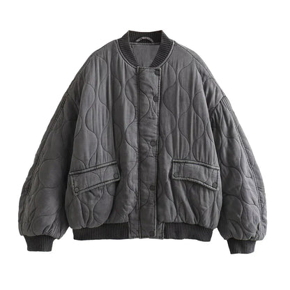 Women's Quilted Bomber Jacket Oversized Snap Button Black