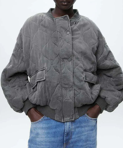 Women's Quilted Bomber Jacket Oversized Snap Button Black