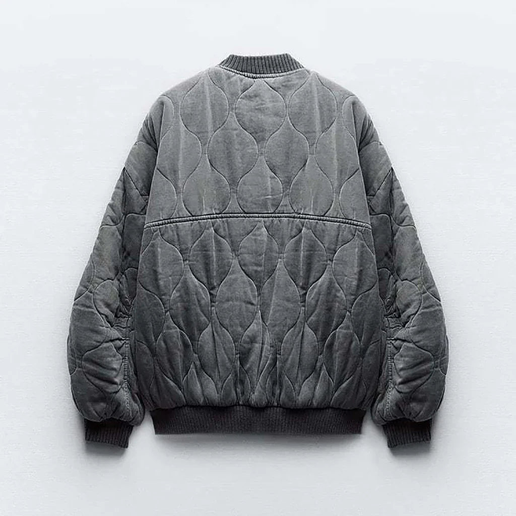 Women's Quilted Bomber Jacket Oversized Snap Button Black