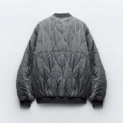 Women's Quilted Bomber Jacket Oversized Snap Button Black