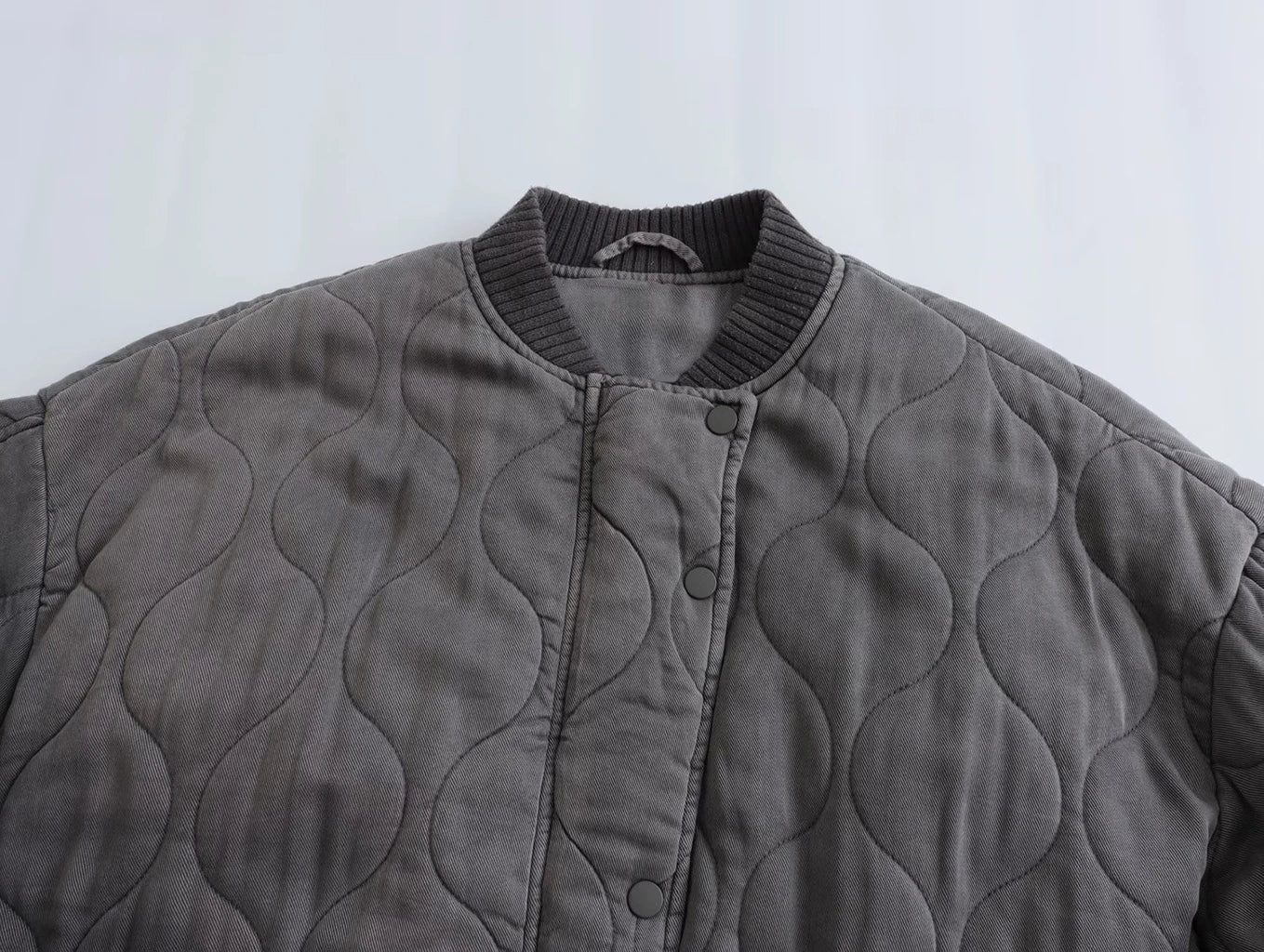 Women's Quilted Bomber Jacket Oversized Snap Button Black