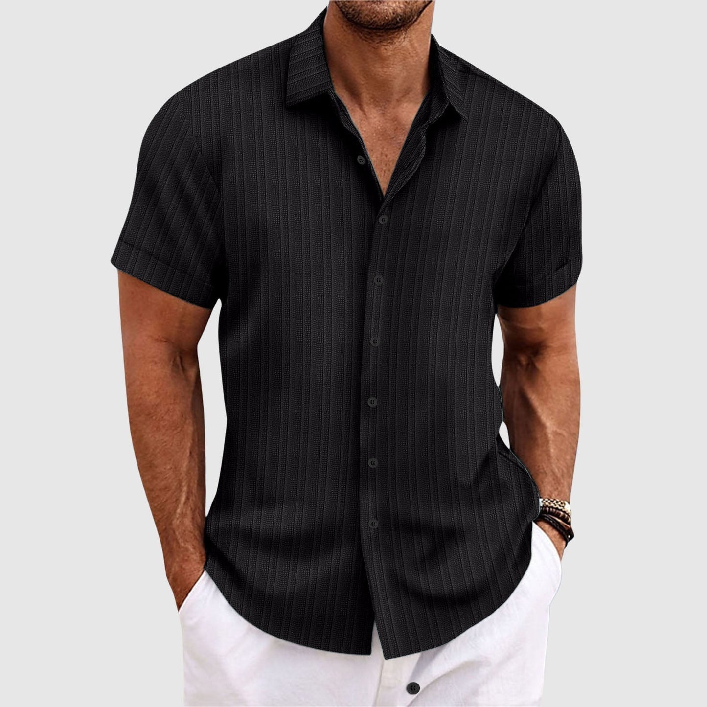 Men's Short Sleeve Textured Stripe Button Down Shirt - Vonnera