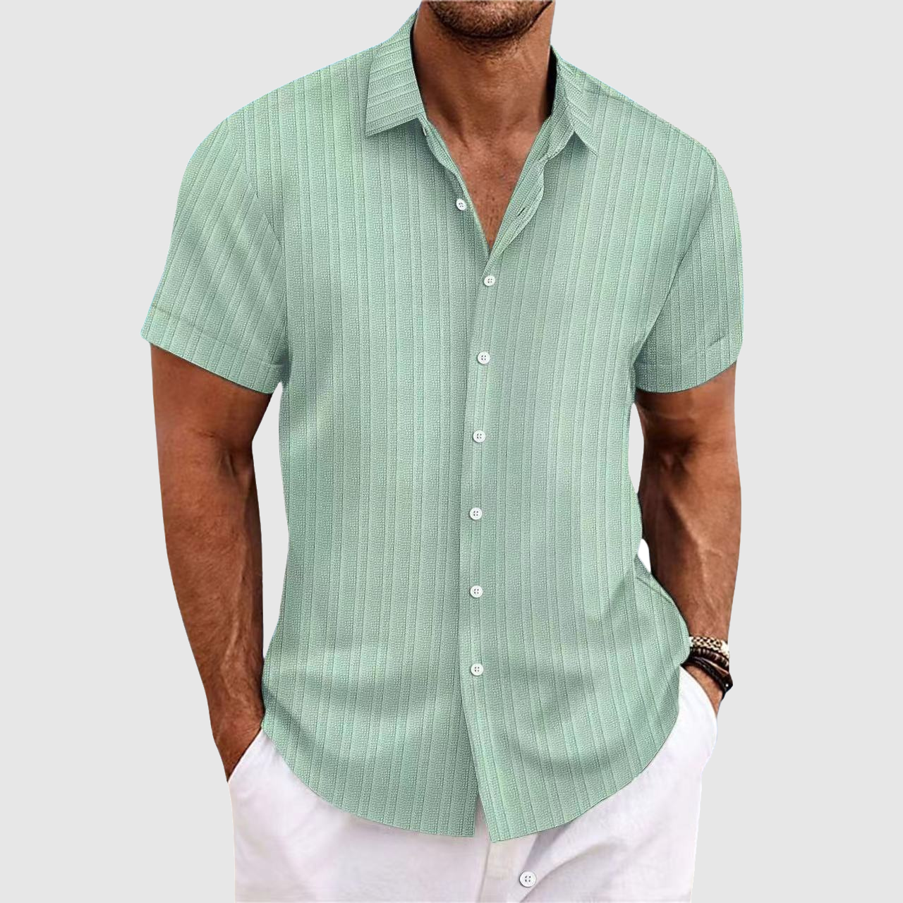 Men's Short Sleeve Textured Stripe Button Down Shirt