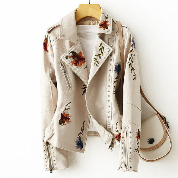 Women's Embroidered Leather Jacket with Studs - Vonnera