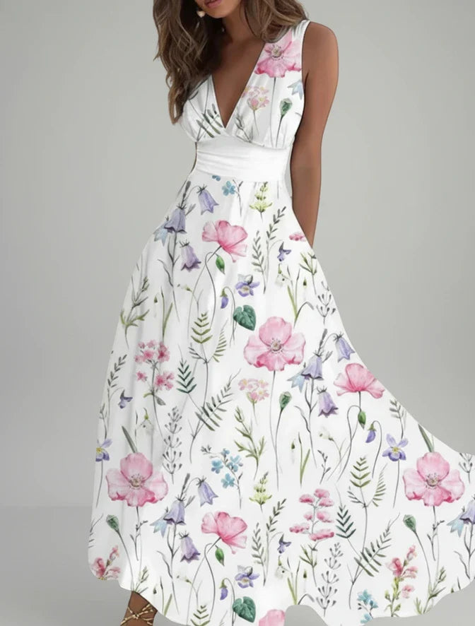 Women's Floral Midi A-Line Dress V-Neck