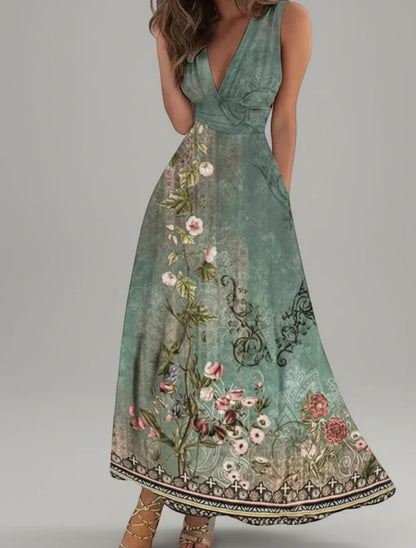 Women's Floral Midi A-Line Dress V-Neck - Vonnera