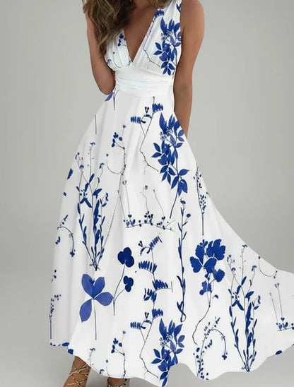 Women's Floral Midi A-Line Dress V-Neck