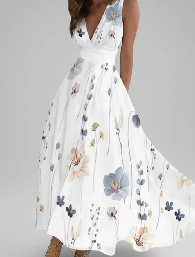Women's Floral Midi A-Line Dress V-Neck