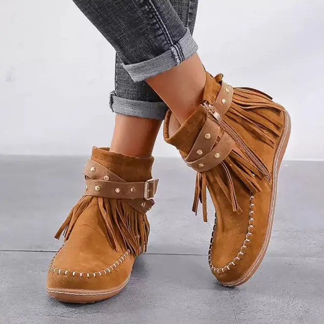 Women's Fringe Buckle Boots Black Leather - Vonnera