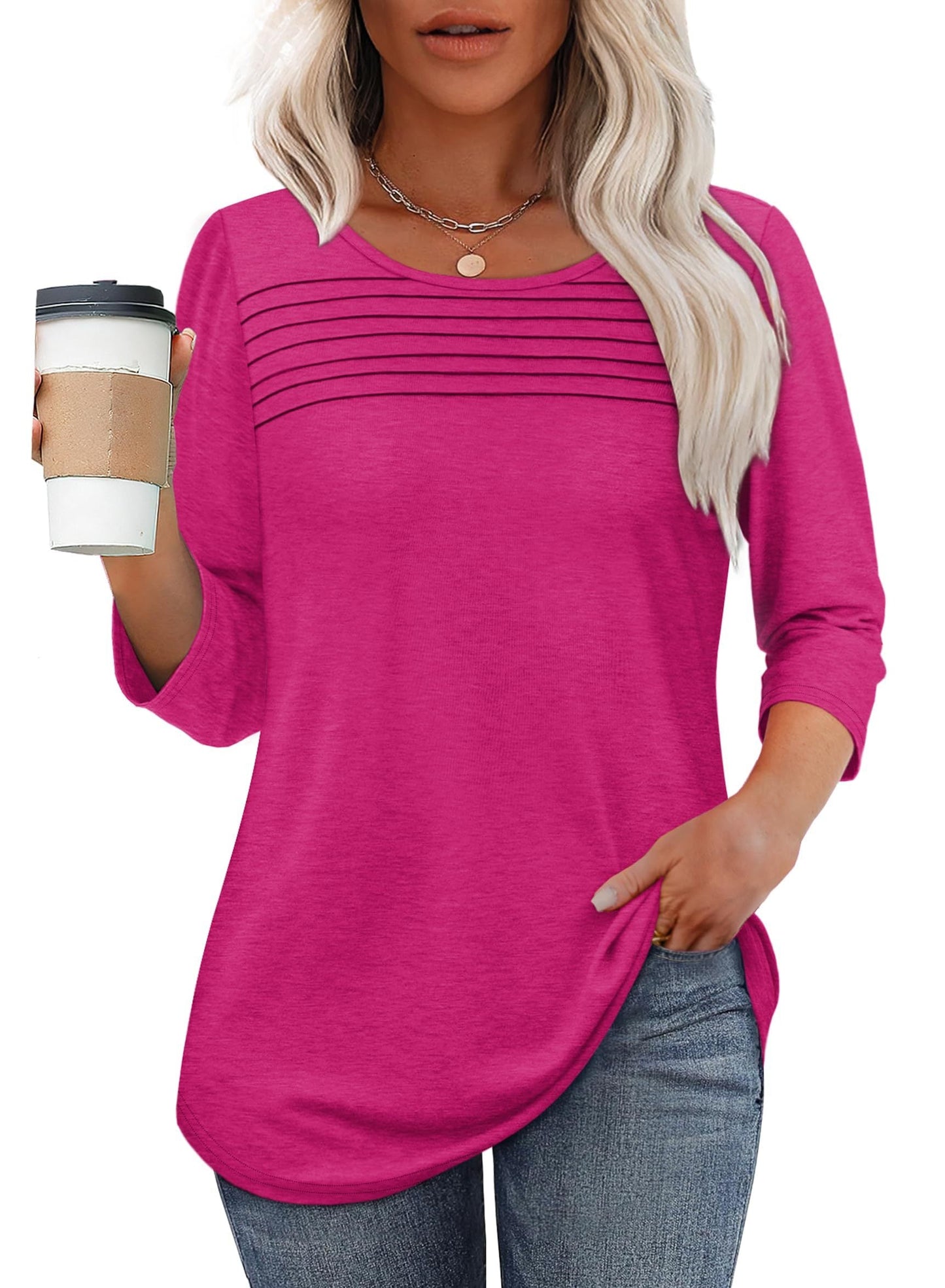 Women's Crew Neck 3/4 Sleeve Pleated - Vonnera