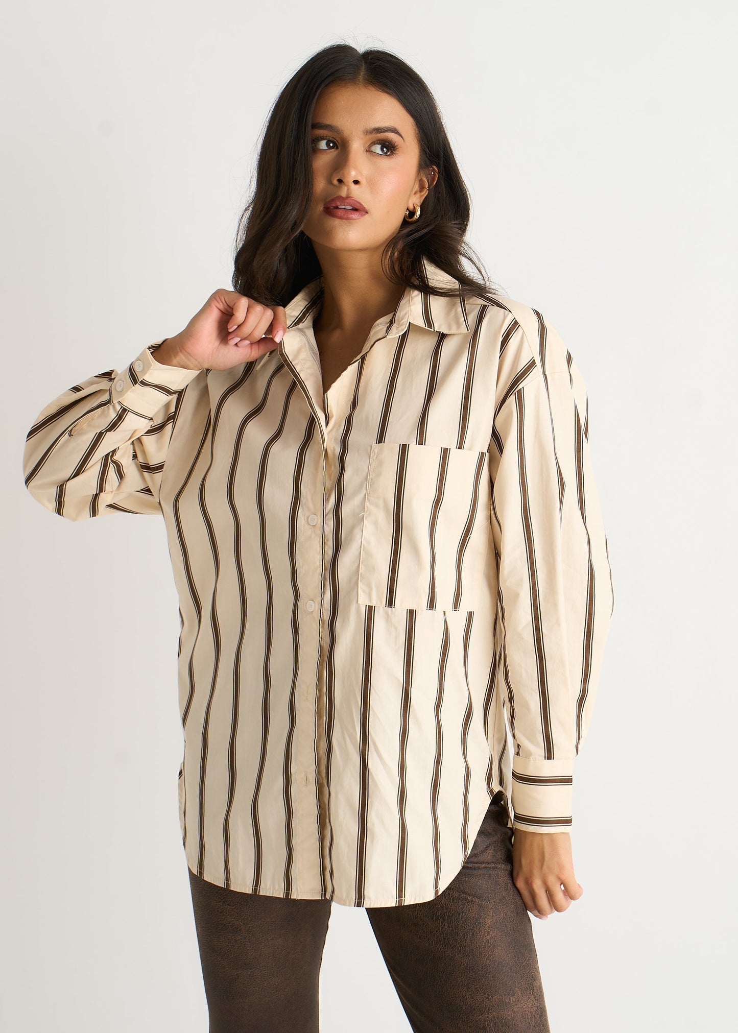 Women's Striped Button-Up Shirt Cream - Vonnera