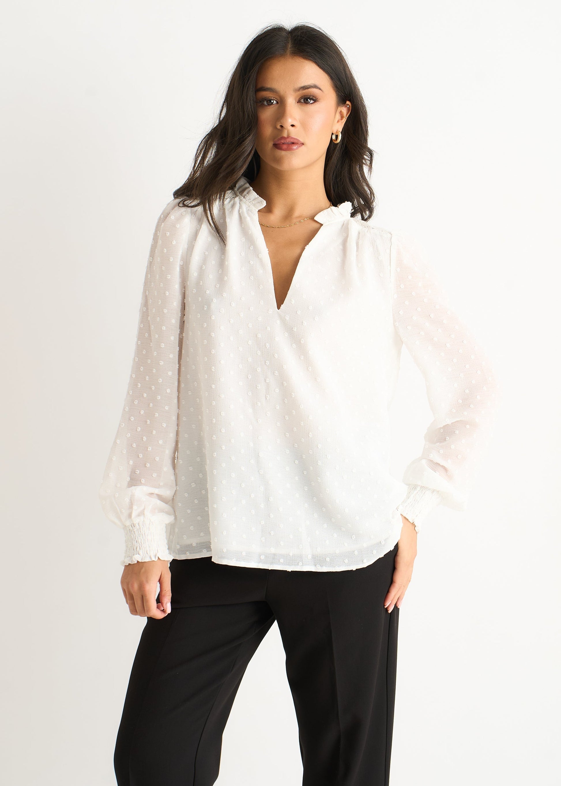 Women's White Dobby Blouse Ruffle Collar Long Sleeves - Vonnera