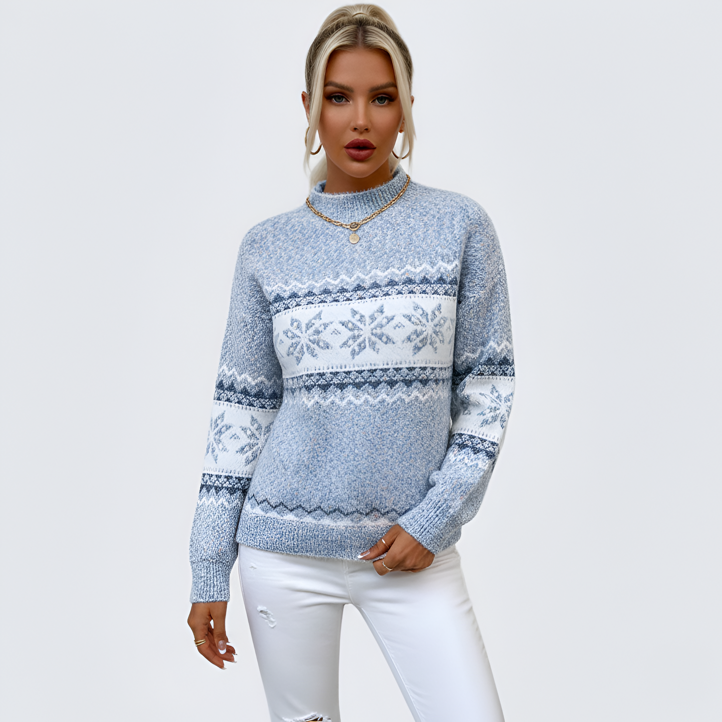 Women's Knit Sweater Mock Neck Long Sleeve Fair Isle Pattern
