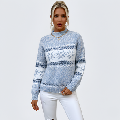 Women's Knit Sweater Mock Neck Long Sleeve Fair Isle Pattern
