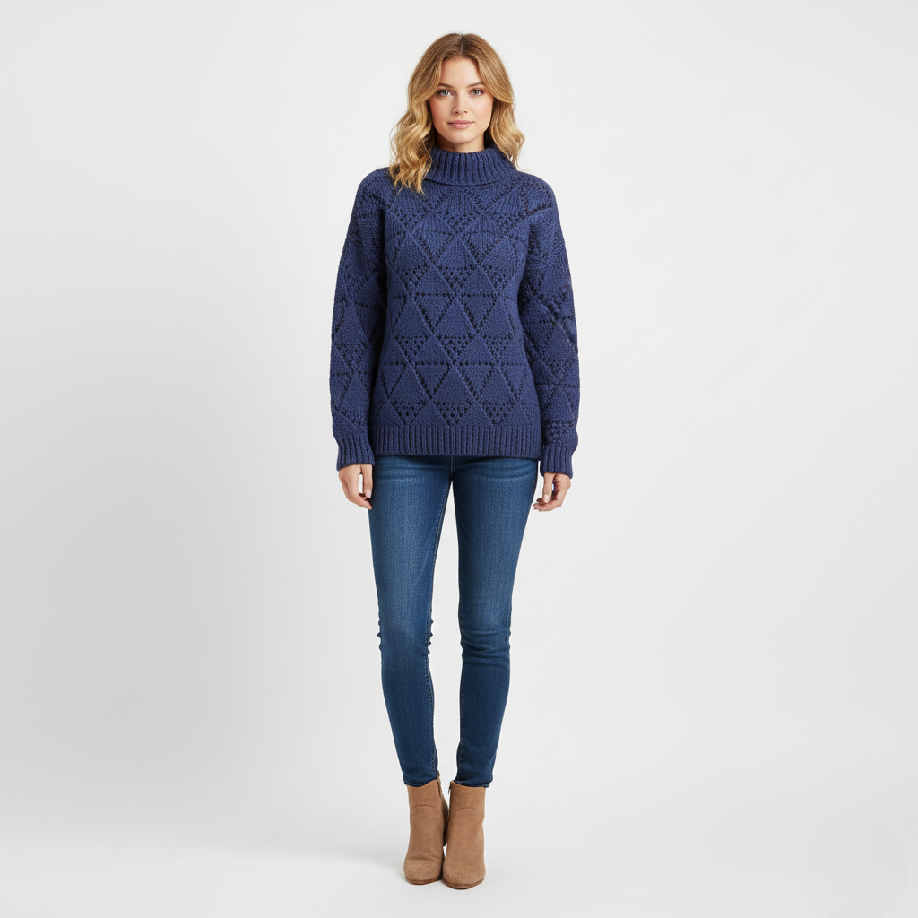 Women's Chunky Knit Sweater Blue Diamond Texture - Vonnera