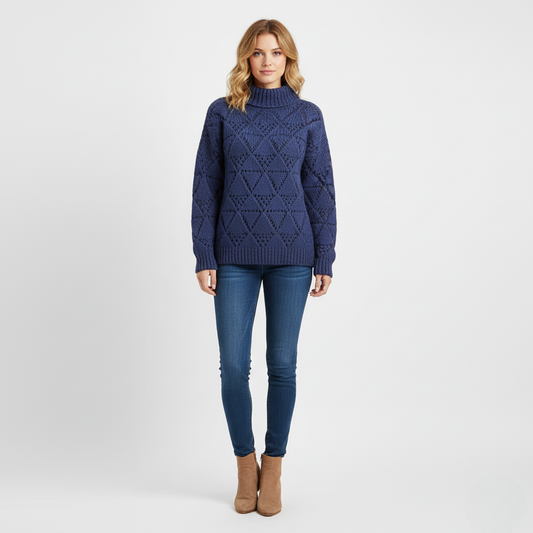 Women's Chunky Knit Sweater Blue Diamond Texture - Vonnera