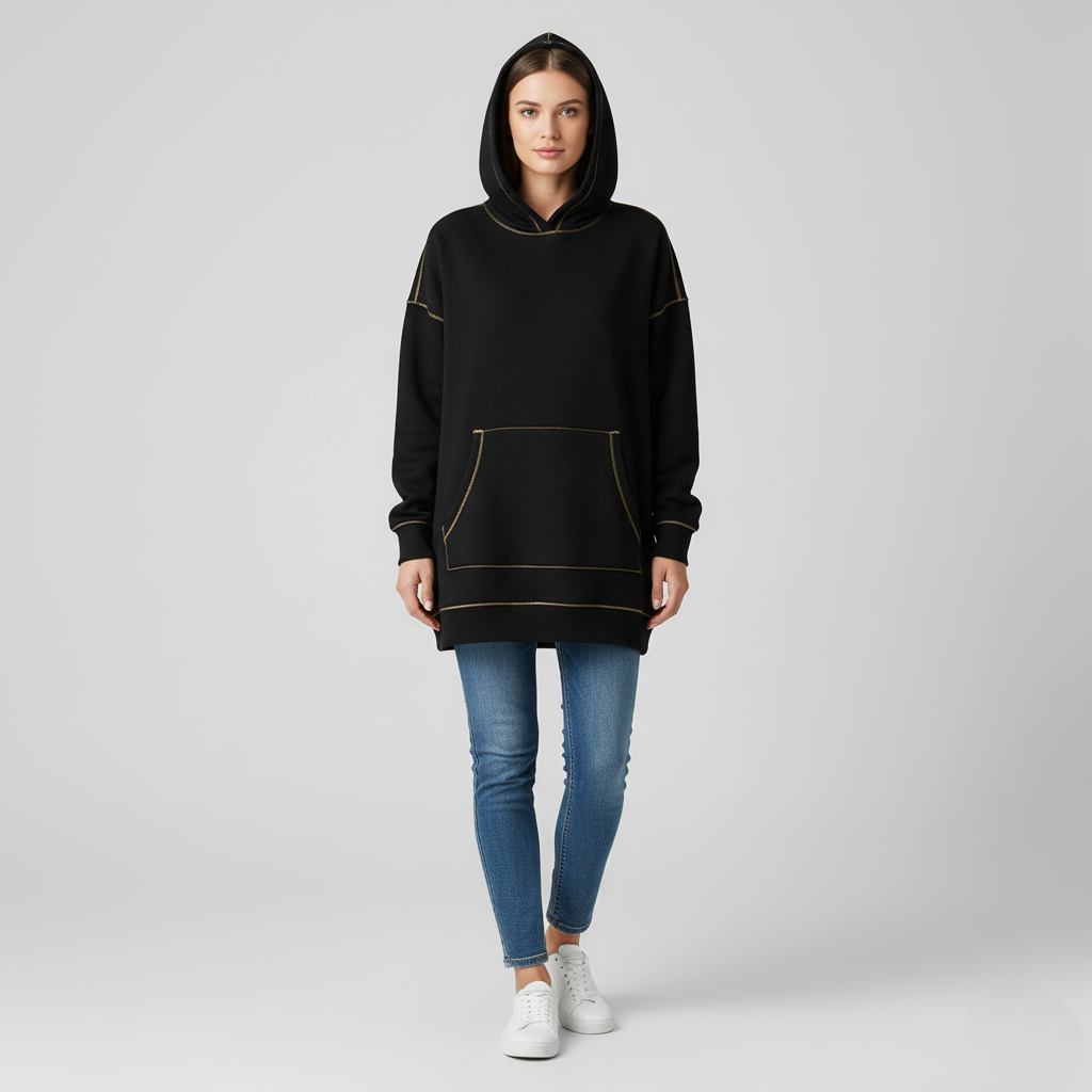Women's Oversized Hoodie Black Contrast Stitching - Vonnera