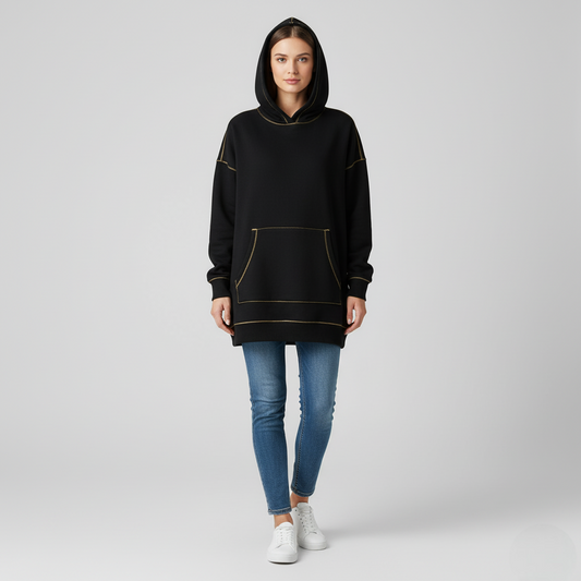 Women's Oversized Hoodie Black Contrast Stitching - Vonnera