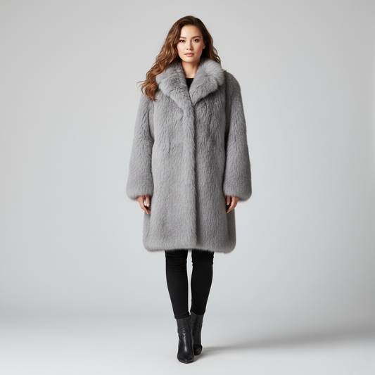 Women's Faux Fur Long Coat Gray Wide Lapel Collar - Vonnera