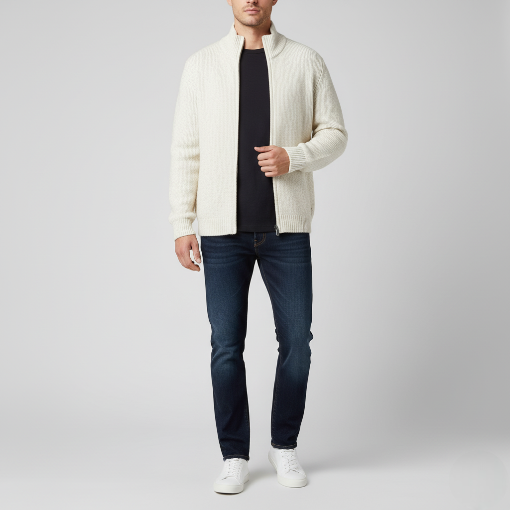 Men's Classic Full-Zip Cardigan Sweater White Ribbed Texture - Vonnera