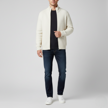 Men's Classic Full-Zip Cardigan Sweater White Ribbed Texture - Vonnera