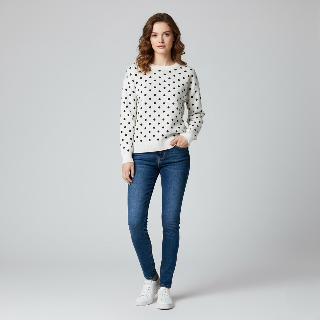 Women's Crew Neck Sweater Polka Dot White Black - Vonnera