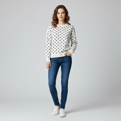 Women's Crew Neck Sweater Polka Dot White Black - Vonnera