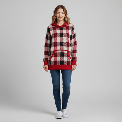 Women's Plaid Knit Hoodie Sweater Red Black - Vonnera