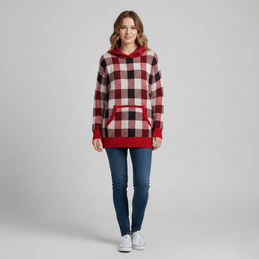 Women's Plaid Knit Hoodie Sweater Red Black - Vonnera