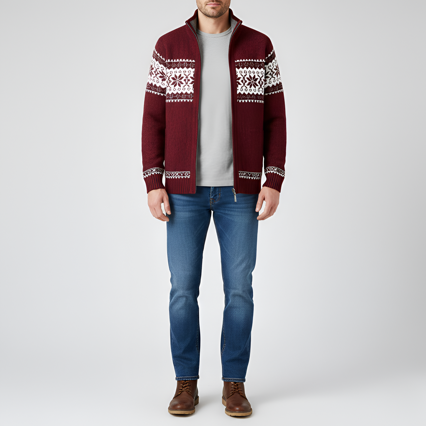 Men's Wool Cardigan Nordic Pattern Zip Front - Vonnera