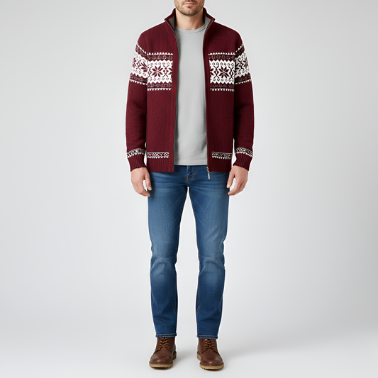 Men's Wool Cardigan Nordic Pattern Zip Front - Vonnera