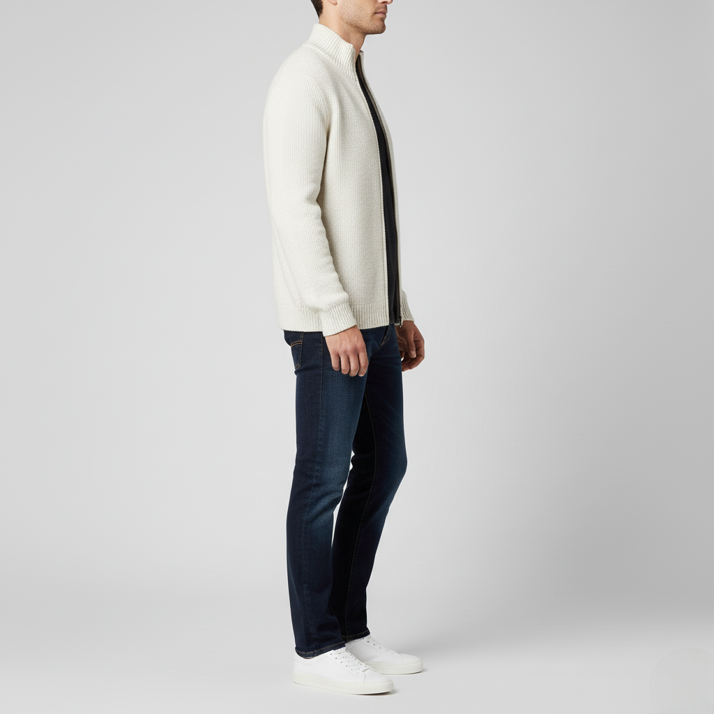 Men's Classic Full-Zip Cardigan Sweater White Ribbed Texture