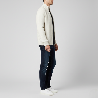 Men's Classic Full-Zip Cardigan Sweater White Ribbed Texture