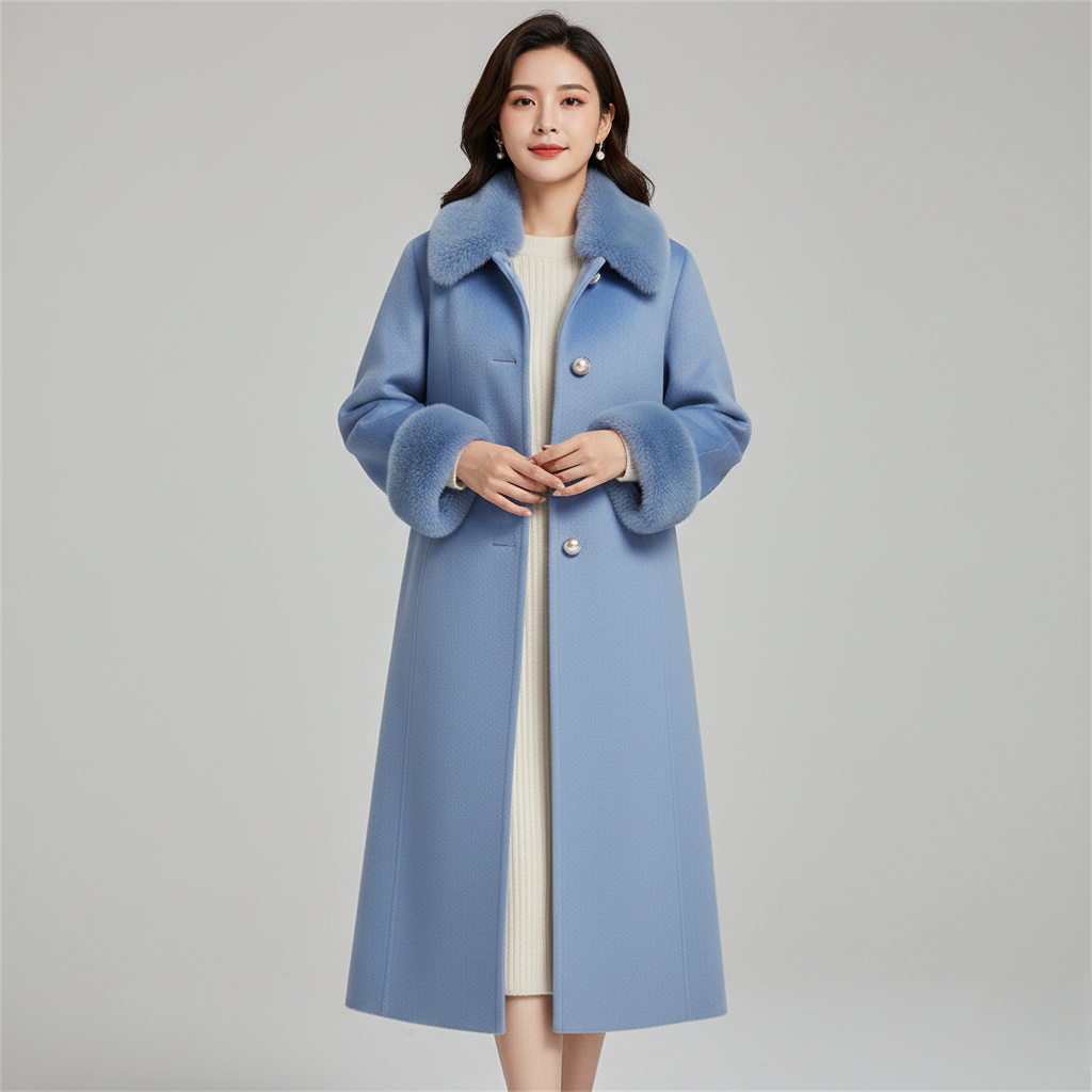 Women's Blue Long Wool Coat Faux Fur Collar - Vonnera