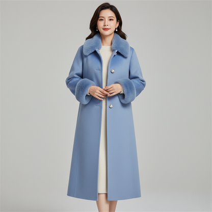 Women's Blue Long Wool Coat Faux Fur Collar - Vonnera