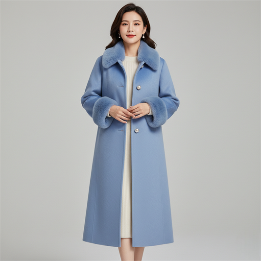 Women's Blue Long Wool Coat Faux Fur Collar - Vonnera