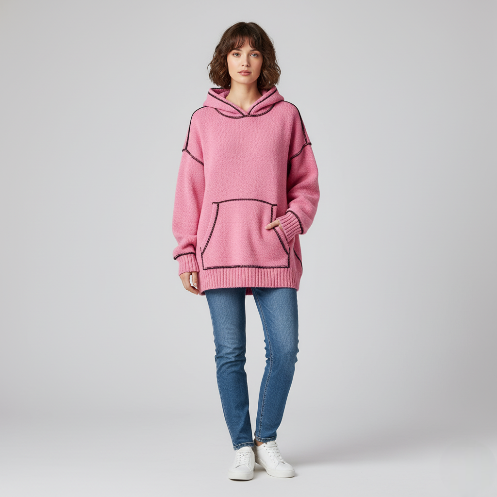 Women's Pink Knit Hoodie Contrast Stitching - Vonnera