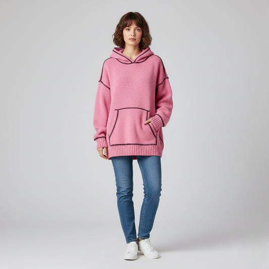 Women's Pink Knit Hoodie Contrast Stitching - Vonnera