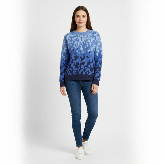 Women's Crew Neck Sweater Blue Ombre Knit - Vonnera